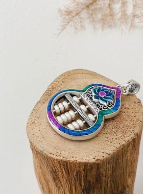 2023新品纯银珐琅民族风葫芦算盘吊坠双面复古国潮葫芦形精致小众