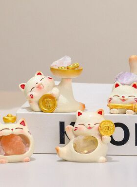 新款招财喵水晶石盲盒潮玩可爱猫咪桌面摆件女生礼物盲袋盲盒批发