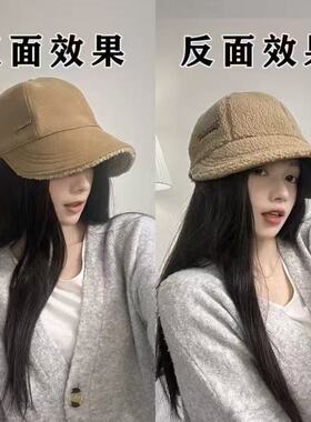 秋冬新款宽檐显脸小鸭舌帽外出双面戴可挂口罩加绒保暖百搭鸭舌帽