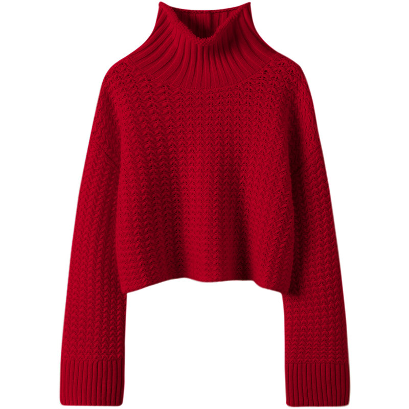 一眼迷的版～车厘子红编镂空编织阔袖高领100%羊绒毛衣女2024春,淘宝优惠券,粉丝福利购,淘宝优惠卷