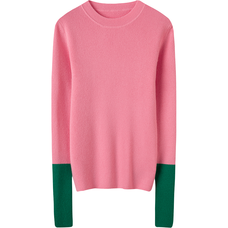 演绎美学精髓~拼色圆领弹力坑条羊绒衫女纯羊绒毛衣针织衫打底衫,淘宝优惠券,粉丝福利购,淘宝优惠卷