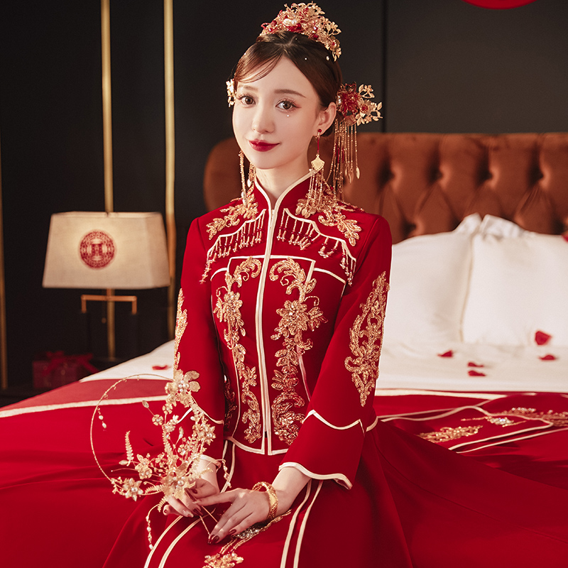 倾妍阁旗舰店秀禾服新娘年新款冬季结婚礼服高档重工龙凤褂中式婚纱丝绒款0