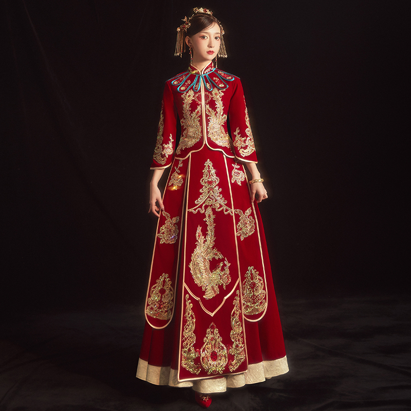 倾妍阁旗舰店秀禾服新娘年新款冬季结婚中式婚纱礼服女重工丝绒秀禾龙凤褂1