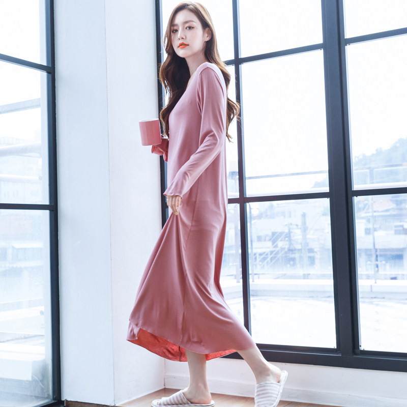 2021新款莫代尔春秋长款长袖睡裙 韩纳果睡裙