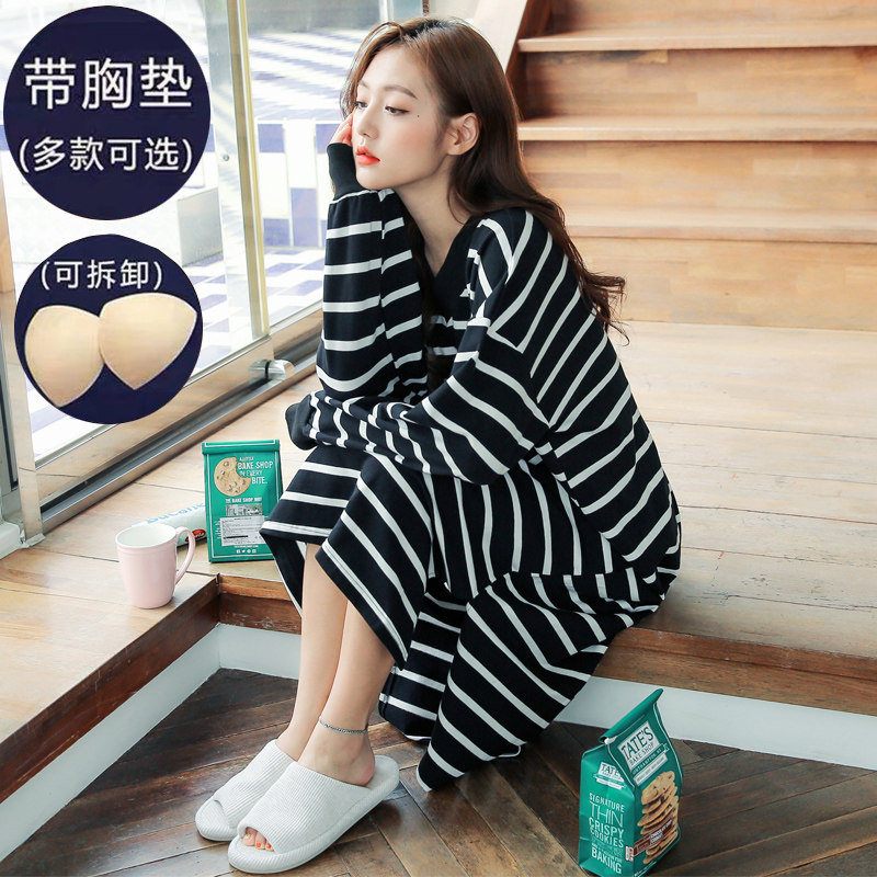 显瘦长袖女纯棉春秋冬中长款带睡裙 韩纳果睡裙