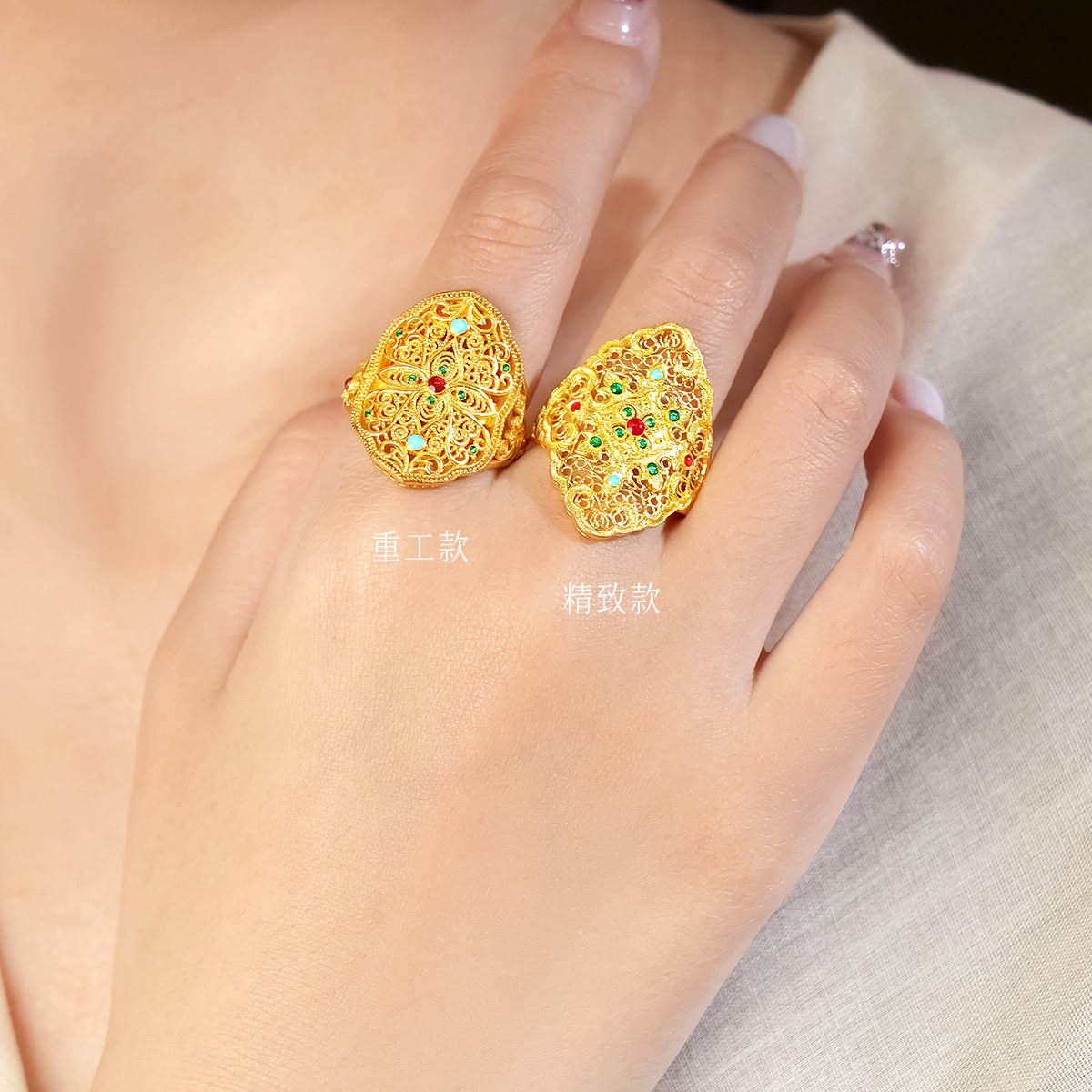 Shipulin pure gold 999 ancient filigree women's enamel palace national style living ring
