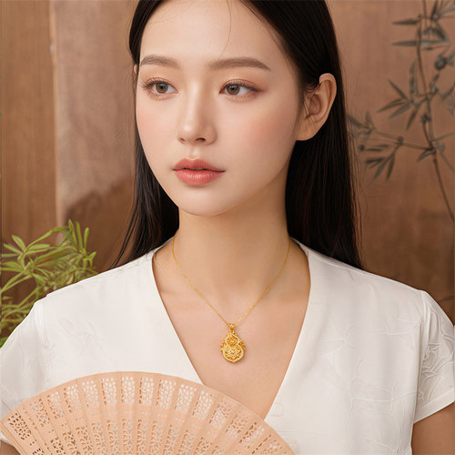 诗普琳 黄18K金四美葫芦 镶红玛瑙锆石 吊坠单坠彩金项链女 礼物 - 图2
