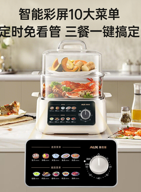 奥克斯电蒸锅双层多功能定时家用不锈钢蒸汽锅蒸菜包子一体早餐机