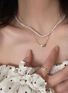 韩系轻奢小众双层叠戴珍珠项链