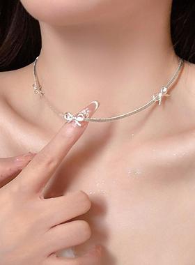 轻奢小众冷淡风银色蝴蝶结项链