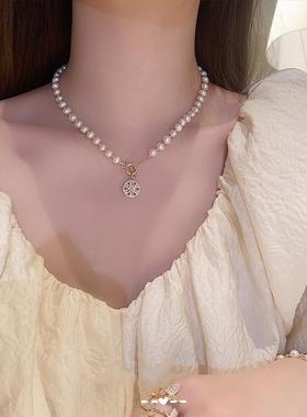 微镶锆石花朵高亮珍珠项链女OT扣珍珠设计感颈链韩版时尚锁骨链