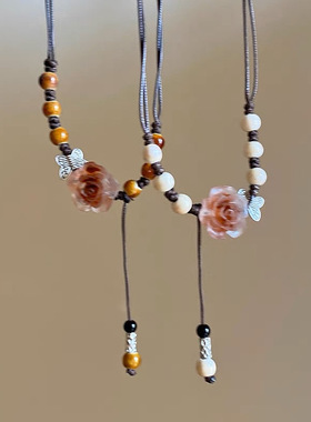 编织山茶花抽拉式项链女2025新款爆款潮复古新中式锁骨链小众设计