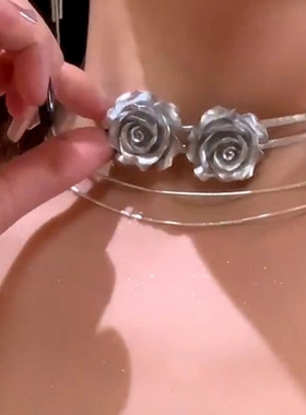 银色玫瑰花项链女气质百搭高级感时尚轻奢小众冷淡风颈链锁骨链潮