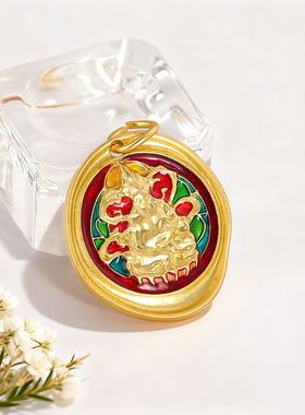 复古黄财神合金双面彩绘吊坠