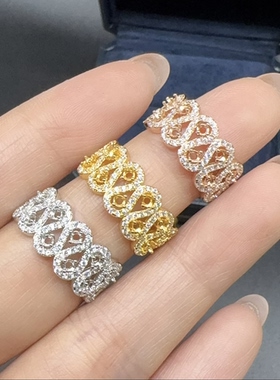 S925银镀金戒指空托日韩时尚围钻镶嵌圆形2*2mm彩宝开口银托diy