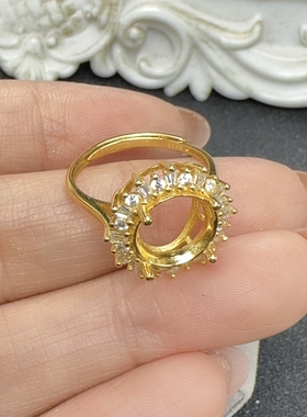 S925银镀金戒指空托日韩时尚围钻镶嵌圆形10*10mm彩宝开口银托diy