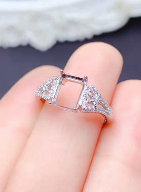 S925银戒指空托女戒托镶嵌方形6*8mm钻石戒指托