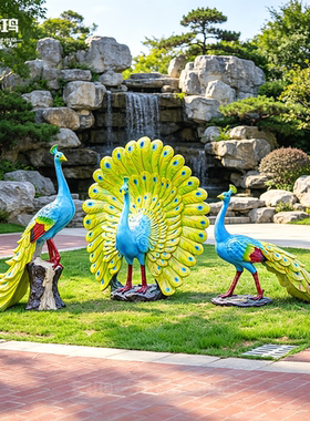 景鸿玻璃钢仿真孔雀开屏发光雕塑