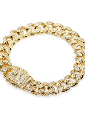 亚马逊跨境欧美Hip hop嘻哈风饰品18K满钻12.5MM宽男士古巴链手链