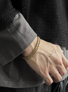 欧美镀18k金喜平链手链美式嘻哈复古叠戴男士钛钢潮金色古巴手饰