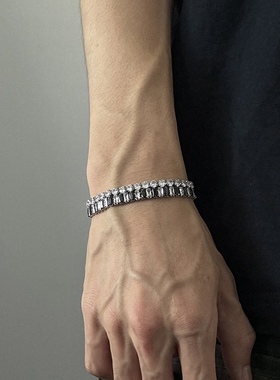 不掉色满钻T方钻网球链手链hiphop男女嘻哈钛钢手饰美式小众设计