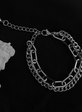 原创设计韩版拼接双层手链男女小众嘻哈潮简约冷淡风个性钛钢