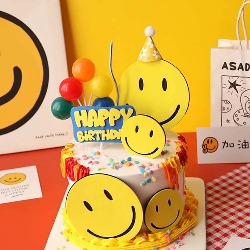 网红笑脸蛋糕装饰摆件韩式ins复古风气球插件EMOJI表情甜品台插卡 - 图2