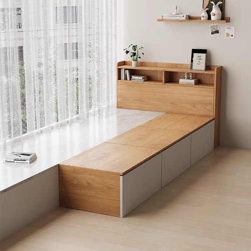 实木飘窗拼接床柜榻榻米床省空间窗台延伸衔接一半飘窗一半床定制 - 图0