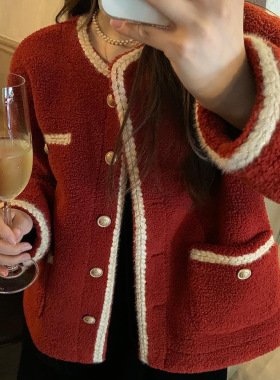 红色小香风羊羔毛绒外套女设计感小众上衣2025年秋冬新款加绒加厚