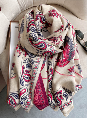 400g加厚版本复古民族风青鸟围巾女冬季高级感保暖围脖仿羊绒披肩