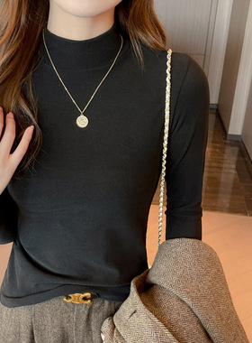 秋冬季微米德绒半高领打底衫女士内搭中领长袖新款可外穿正肩t恤
