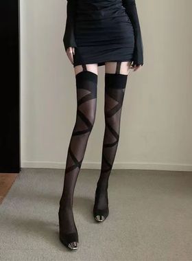 交叉绑带一体式吊带丝袜网红性感超薄款黑丝女蕾丝花边袜子防勾丝