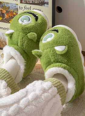 可爱大眼仔棉拖鞋女士冬季加绒保暖室内家居厚底防滑情侣高帮棉鞋