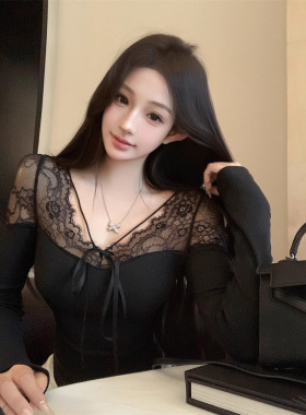 黑色纯欲风系带v领长袖T恤女春季蕾丝拼接修身内搭收腰打底衫上衣