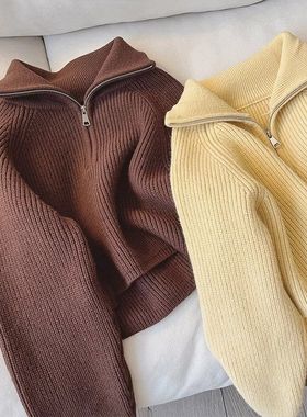 针织秋冬新款减龄设计感拉链宽松显瘦翻领慵懒毛衣上衣女