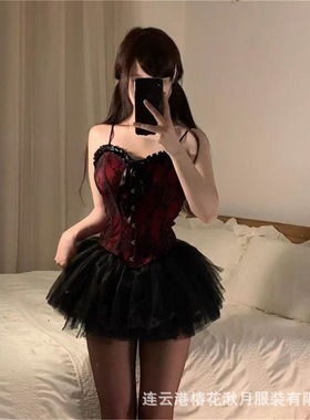 大码性感束腰马甲抺吊带胸塑身衣气质纯欲风抹胸上衣网纱蓬蓬裙子