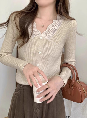 法式温柔气质设计感蕾丝衫V领针织衫女秋冬修身显瘦内搭打底毛衣