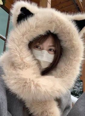 丁走走加厚毛绒狐狸耳朵帽子围巾一体冬季东北防寒保暖雷锋帽护耳