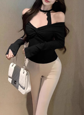 纯欲紫色一字肩挂脖针织打底衫女甜辣妹秋冬蕾丝内搭短款露肩上衣