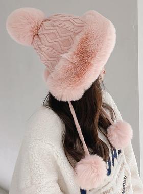 秋冬季女士棉羊绒套头帽三毛球可爱加绒加厚防寒保暖纯色针织帽子