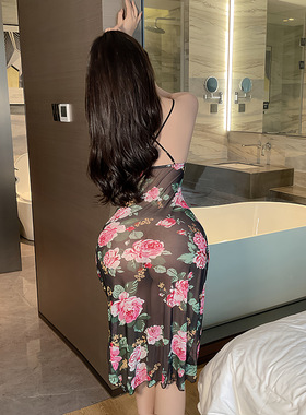 网红风性感网纱印花荡领抹胸不规则裙摆吊带裙家居服女代发633