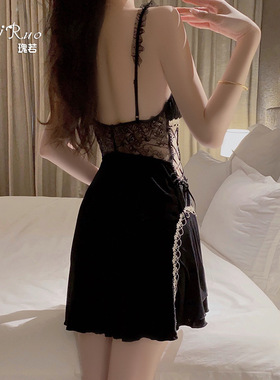 瑰若丝绒拼接网纱睡衣深V加胸垫吊带睡裙舒适外袍家居女套装4218