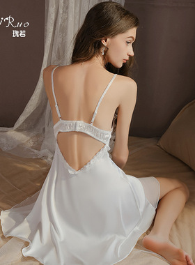 瑰若品牌内衣性感深V加胸垫火辣露背冰丝睡裙外袍家居服套装4955