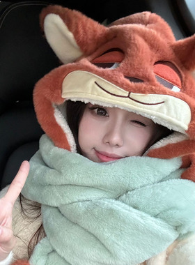 狐狸尼克可爱雷锋帽女2024冬季新款骑车加绒帽围脖手套一体三件套