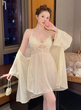 新款吊带睡裙性感蕾丝花边女士睡袍亲肤冰丝纯欲风纯色家居服套装