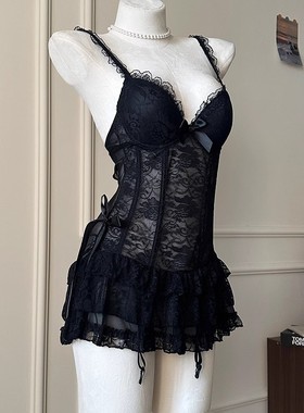 法式性感睡衣女夏季2025新款纯欲吊带蕾丝睡裙修身钢托聚拢带胸垫