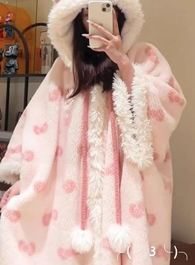 可爱少女软妹蝴蝶结珊瑚绒连帽睡袍睡衣冬季2025新款加绒保暖斗篷