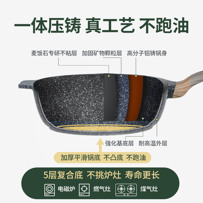 意可味麦饭石平底锅炒锅家用电磁炉燃气灶适用煎炒菜锅专用不粘锅