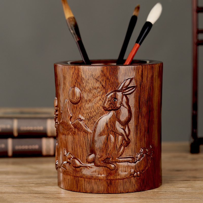 红木质工艺品实木雕刻十二生肖笔筒木龙年兔马羊牛老虎木头大摆件 - 图1