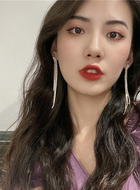 S925银针水钻流苏长款耳环气质显脸瘦耳坠女韩国新款高级感耳饰